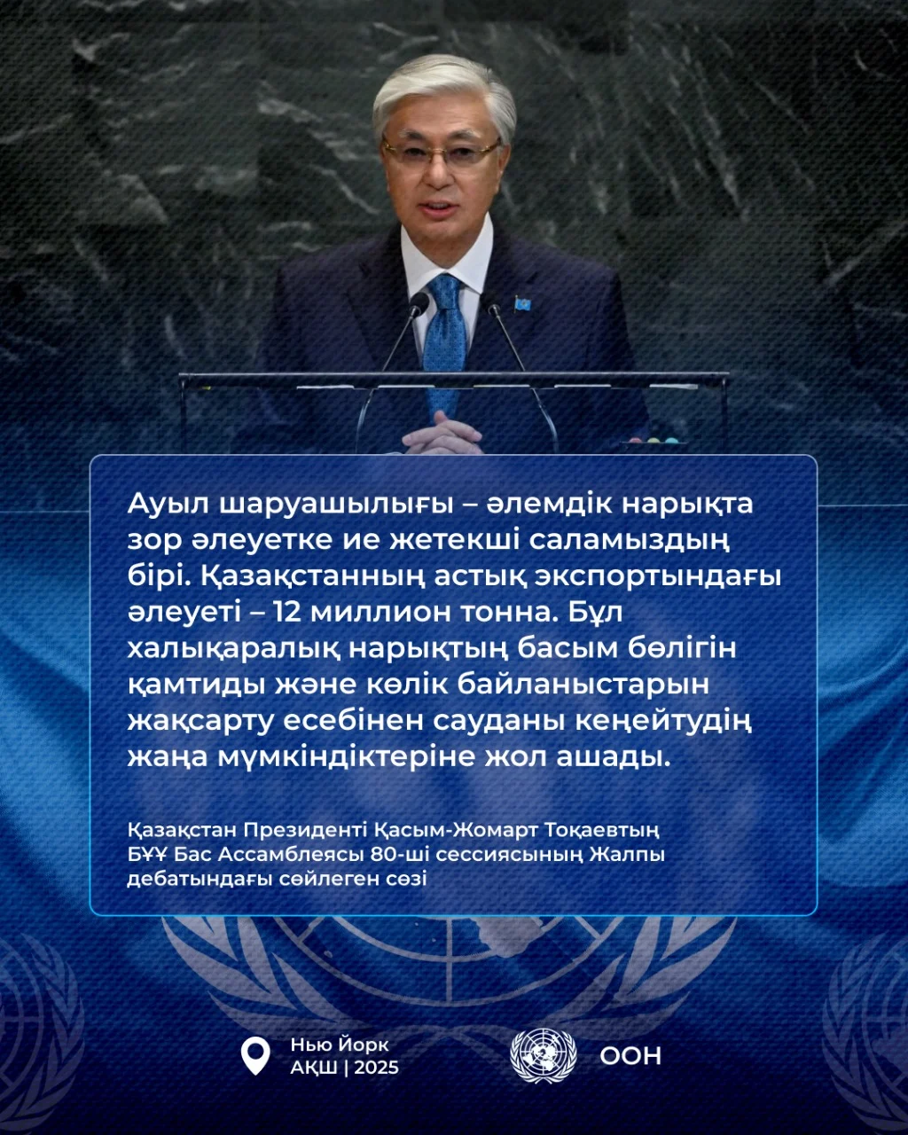 Қазақстан Президенті Қасым-Жомарт Тоқаевтың БҰҰ Бас Ассамблеясының 80-ші сессиясындағы Жалпы дебатта сөйлеген сөзі